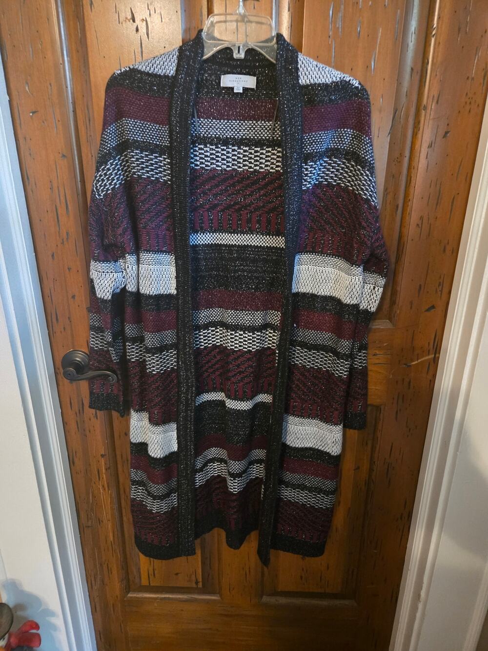 New Directions Metallic Striped Open Front Long Cardigan, Medium